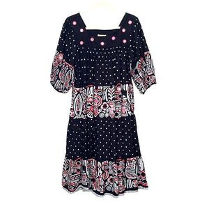 Ramona Rull Rare Vintage Boho Baby Doll Cotton Embellished Midi Dress Medium Bla